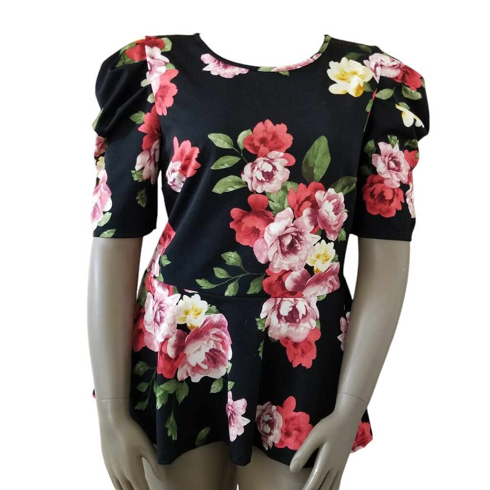JULIA BY LOVE J Rose Floral Print Peplum Top Womens 2X Plus Size Black Red Pink